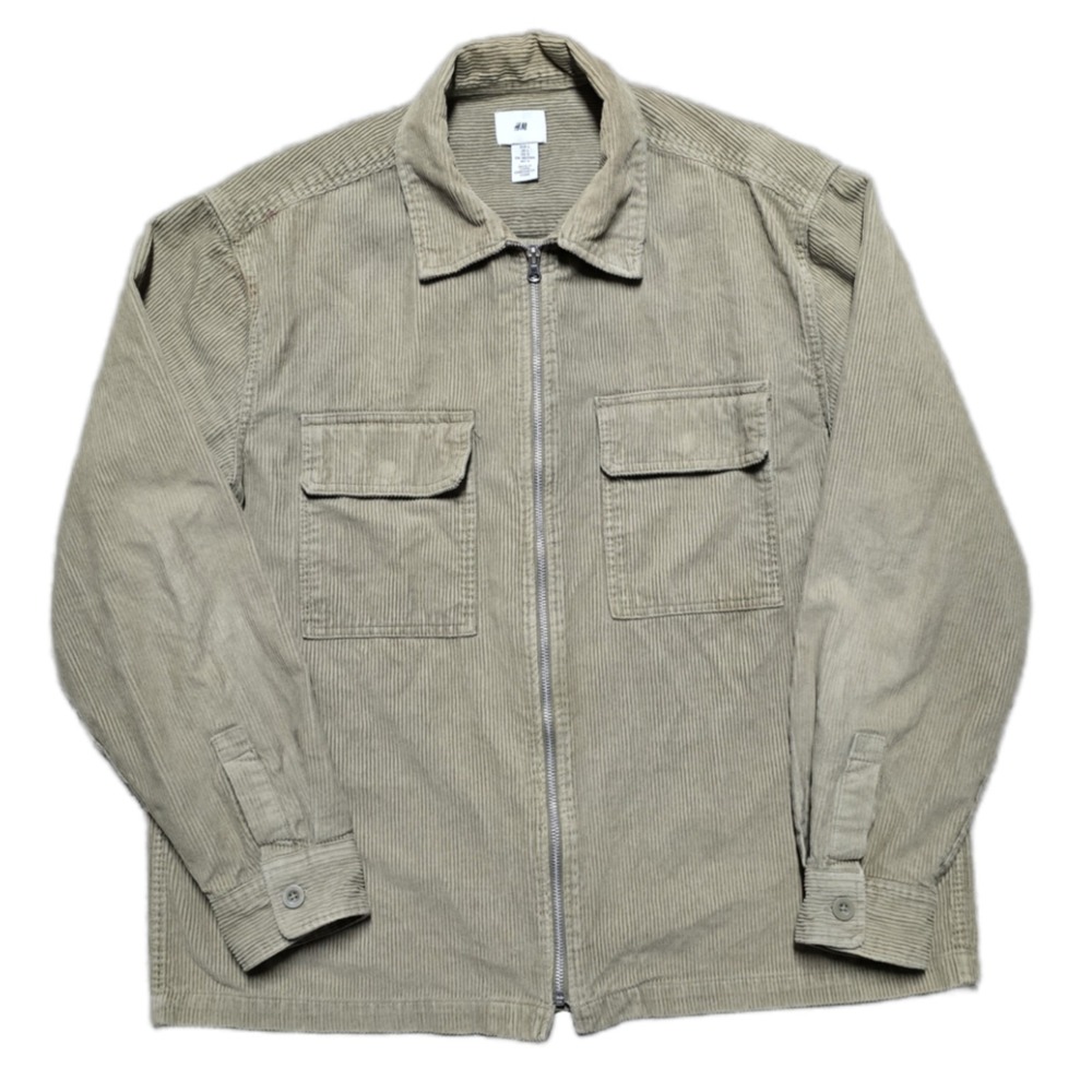 H&M Corduroy Chore Field Jacket Mens L Olive Chest Pocket Zip Collared Outdoor